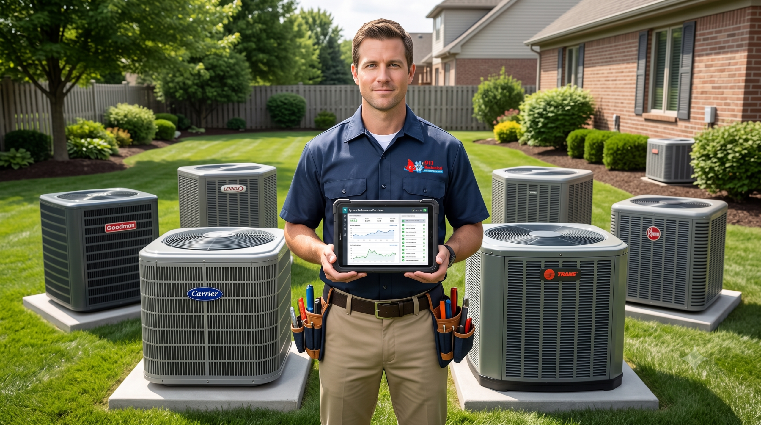 Professional 911 Mechanical technician inspecting Carrier and Trane AC units in Macomb County.