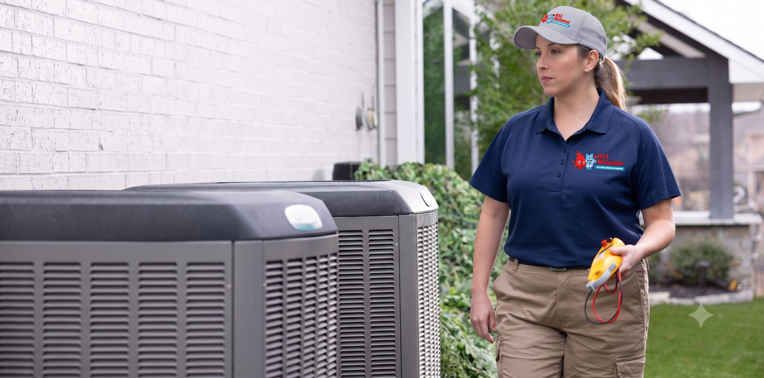 A high-resolution photograph of a female 911 Mechanical technician in a navy blue polo and khaki cargo pants, walking past residential AC condenser units while holding a diagnostic tool. Her white cap and shirt chest display the 911 Mechanical logo. The brick wall of a house and garden are in the background.