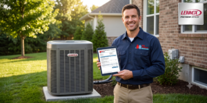 Friendly 911 Mechanical Lennox Premier Dealer technician providing an AC repair estimate in Macomb County.