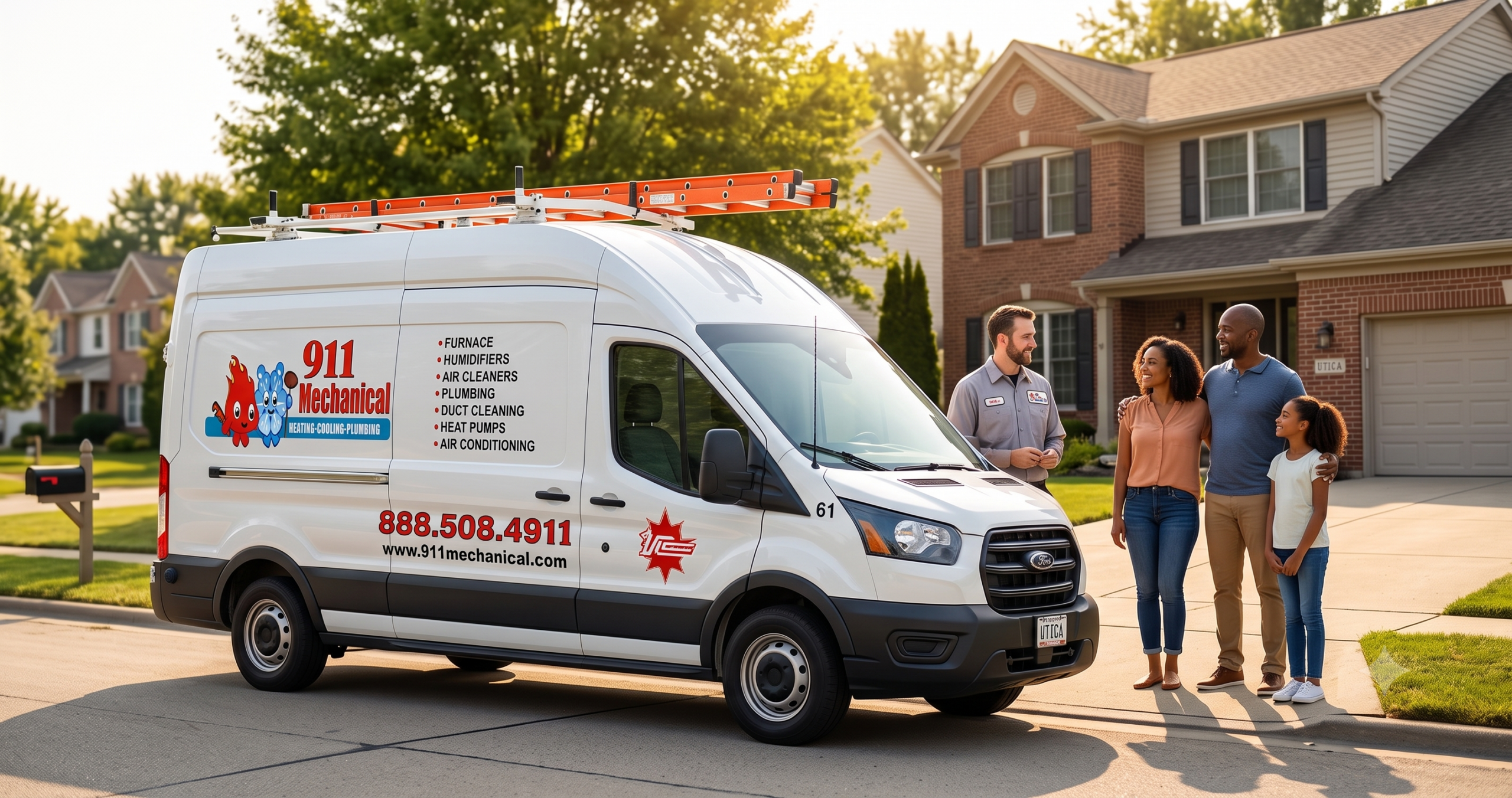 Professional 911 Mechanical technician discussing AC repair options with a Utica, MI homeowner.