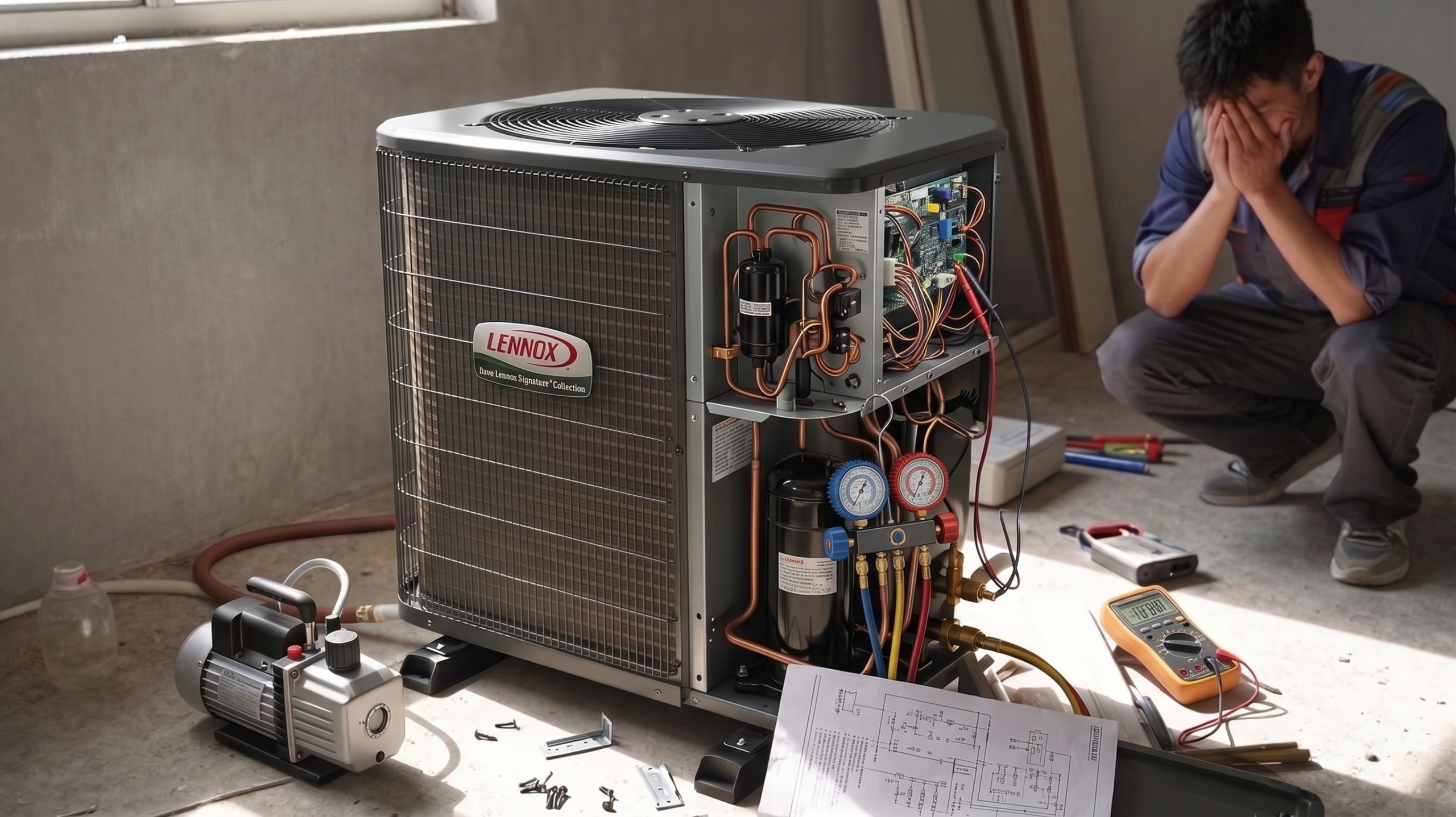 A frustrated HVAC technician sitting on the floor with his face in his hands next to an open Lennox central air conditioner unit undergoing complex repairs.