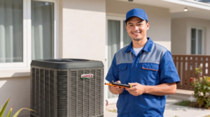 A smiling HVAC technician wearing a 911 Mechanical uniform standing next to a Lennox central air conditioning unit outside a residential home.