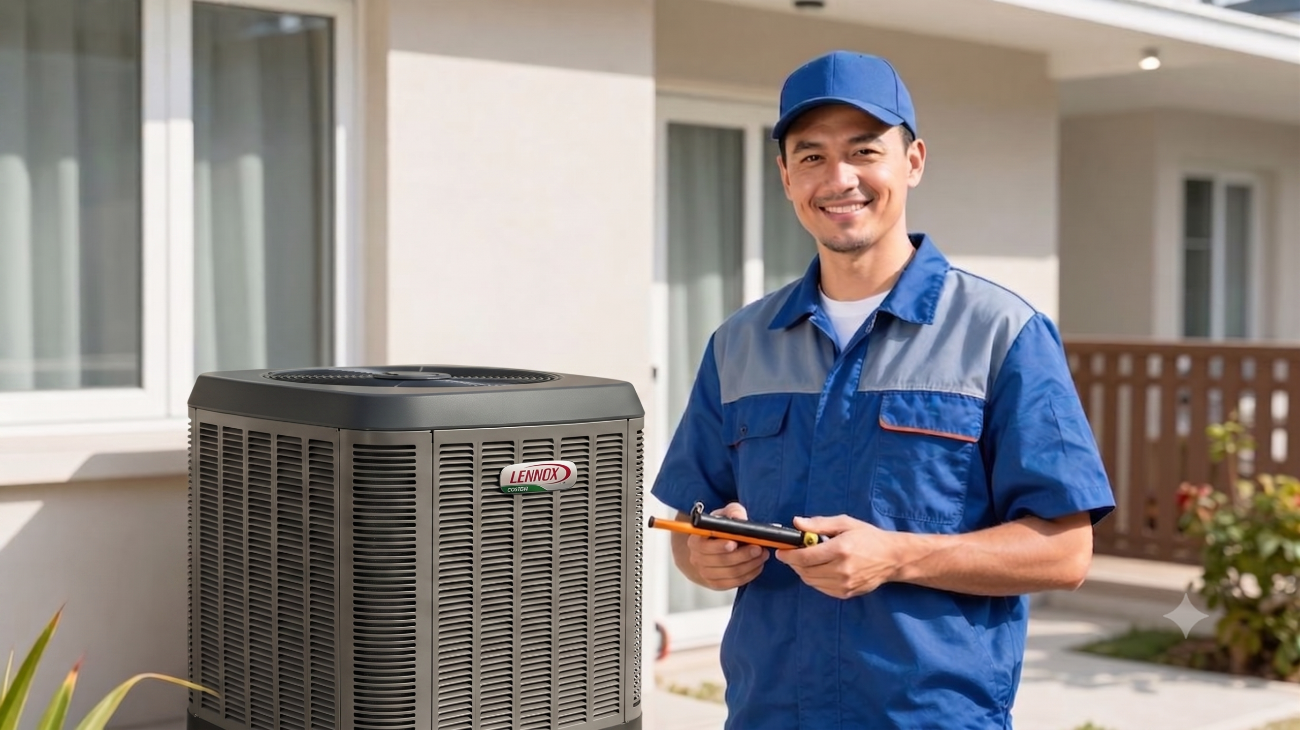 A smiling HVAC technician wearing a 911 Mechanical uniform standing next to a Lennox central air conditioning unit outside a residential home.