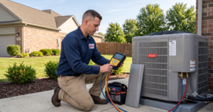 Professional 911 Mechanical technician performing Bryant AC repair and diagnostics in Shelby Township, MI.