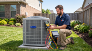 Certified 911 Mechanical Carrier Factory Authorized Dealer technician performing AC repair in Utica, MI.