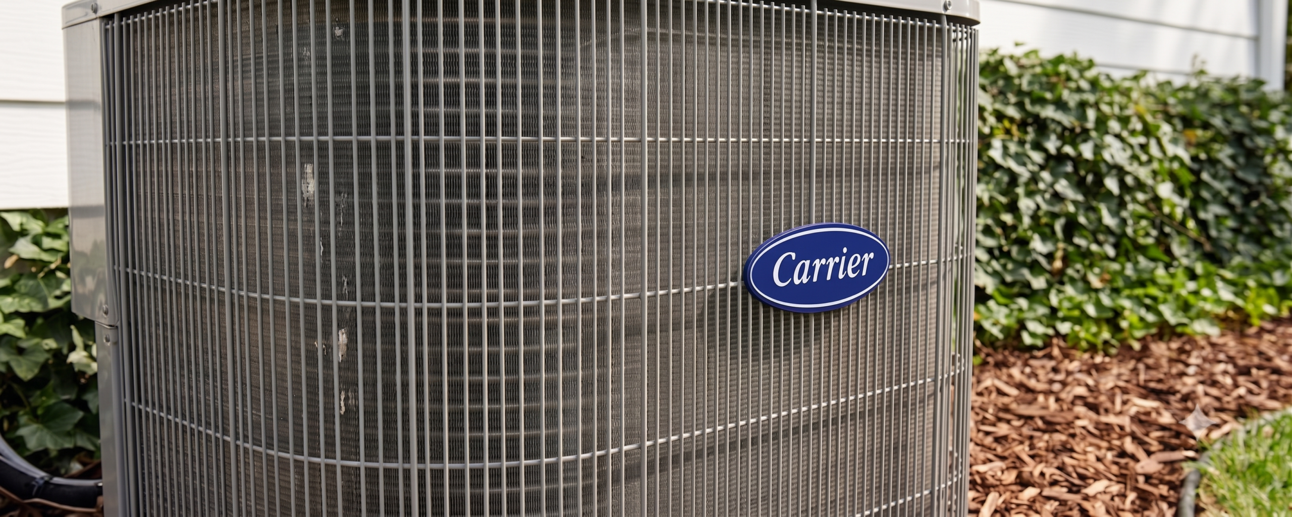 Close-up view of the metallic grille body of a grey outdoor Carrier air conditioning unit, featuring the classic blue oval Carrier logo emblem, installed next to backyard landscaping and green foliage.