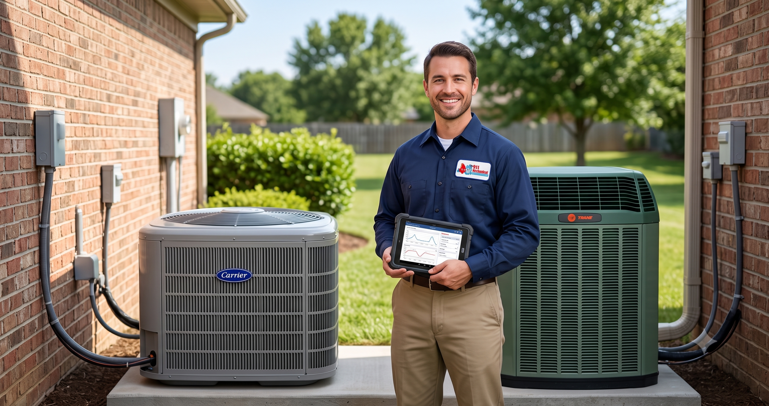 Professional technician servicing Carrier and Trane central air conditioners side-by-side.