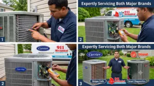A multi-panel comparison collage for AC repair services by 911 Mechanical, focusing on Trane and Carrier brands. The grid-like collage features six panels. The top row includes a close-up of a Trane condenser internals with a technician pointing to electrical parts (labeled '1'), and a text panel 'Expertly Servicing Both Major Brands' with 911 Mechanical, Trane, and Carrier logos. The second row has a technician with a multimeter in an open Trane panel (labeled '2'), and a repeated service message text box. The bottom row has a detailed Trane unit comparison view (labeled '3'): a left Trane unit with 'Unique Coils' pointed to it and both Trane and Carrier logos; a right Trane unit with 'Smart Diagnostics' pointed to it; and a red 911 Mechanical mascot pointing with text bubbles for 'Unique Coils' and 'Smart Diagnostics'. The visuals throughout are of Trane branded AC condensers.
