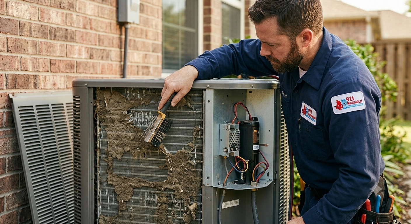 A 911 Mechanical HVAC technician in uniform performs a detailed cleaning of a heavily clogged evaporator coil within an open residential Lennox outdoor AC unit.