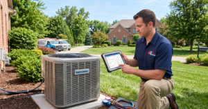 Professional 911 Mechanical technician performing Comfortmaker AC repair and diagnostics in West Bloomfield, MI.