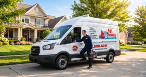 911 Mechanical service truck arriving at a Troy, MI home for urgent same-day AC repair.