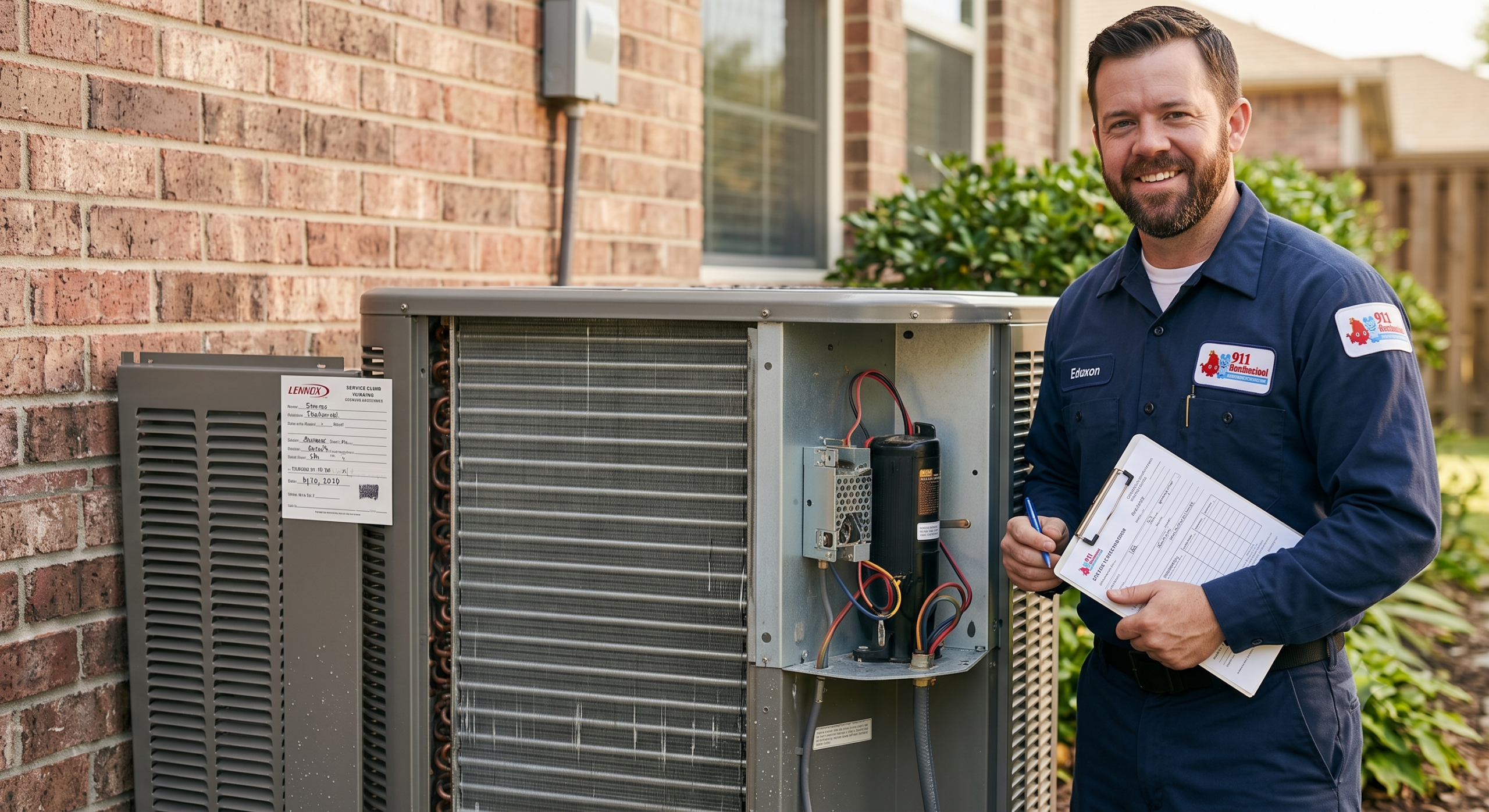 A sparkling clean residential Lennox outdoor AC unit with immaculate coils after maintenance by a 911 Mechanical technician. The smiling technician places a final service tag on the pristine cabinet.