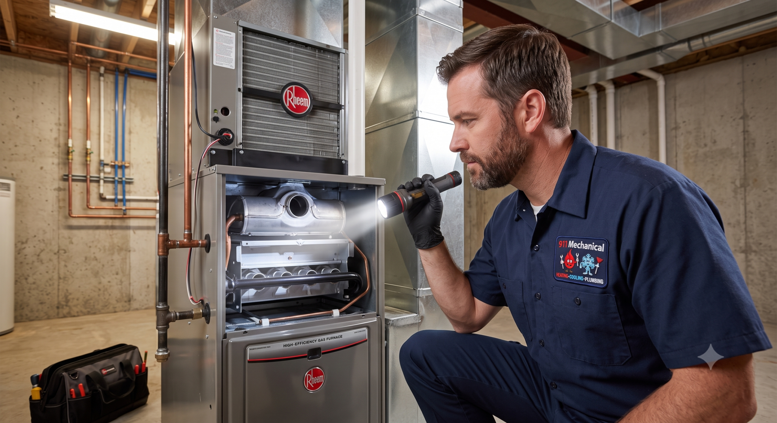 Professional HVAC technician performing a maintenance inspection on a Rheem furnace in Michigan.