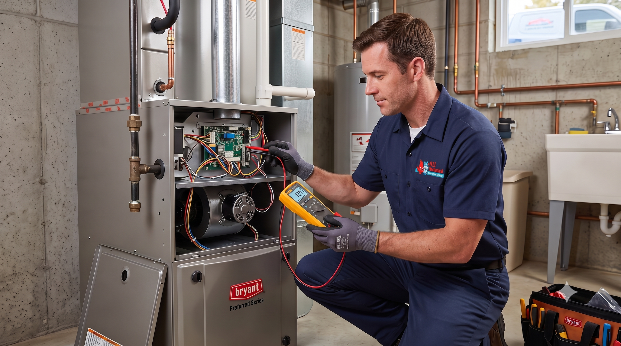 Technician repairing Bryant furnace
