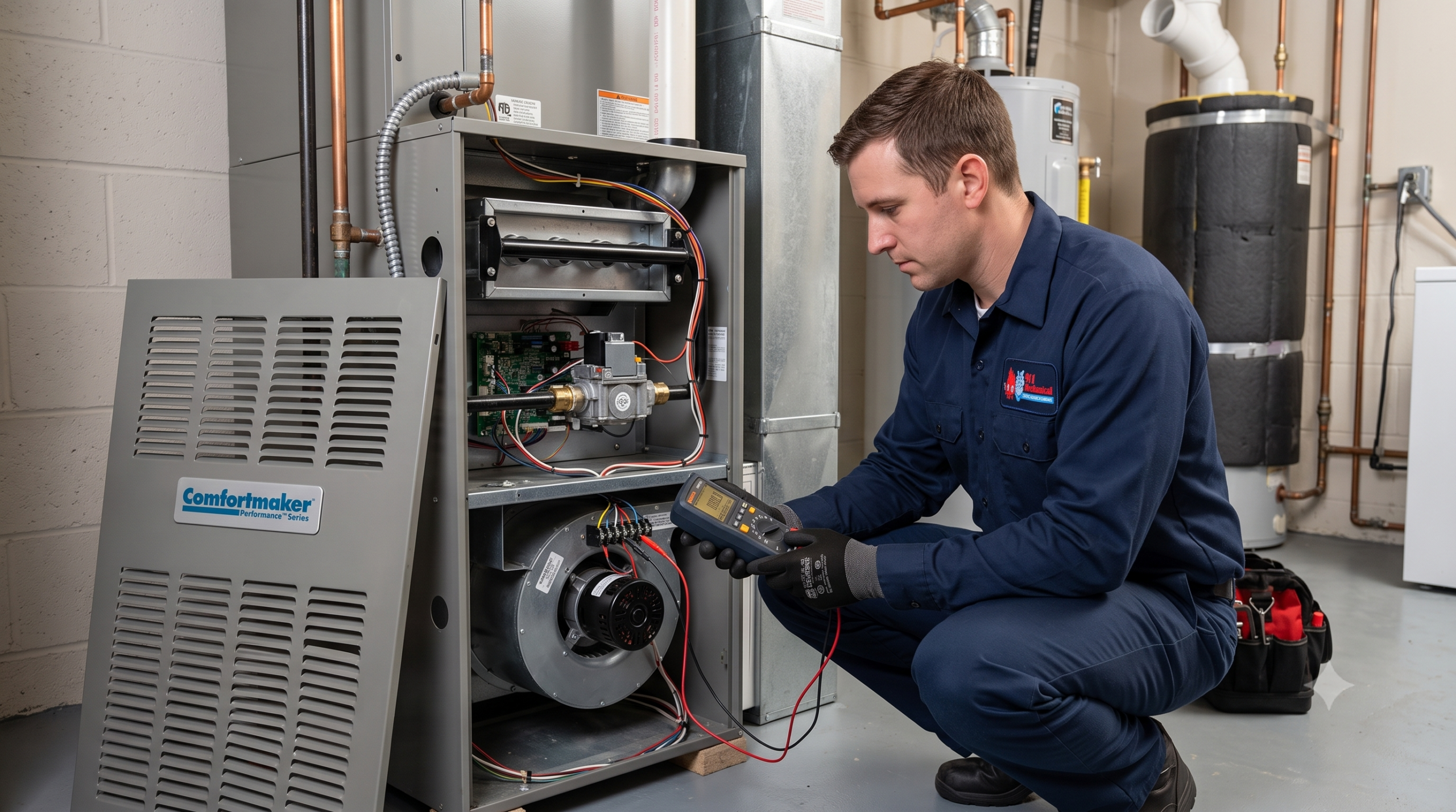 Technician repairing Comfortmaker furnace