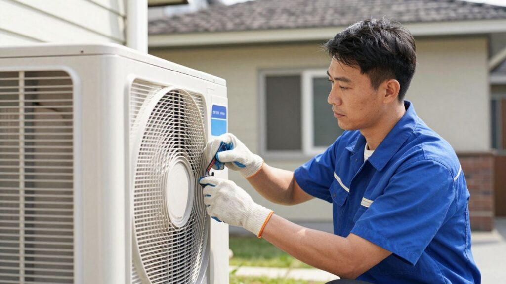 AC repair technician working on an outdoor unit.