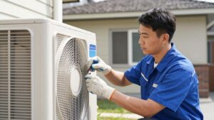 AC repair technician working on an outdoor unit.