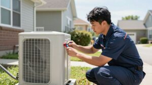 HVAC technician inspecting an AC unit at a home.