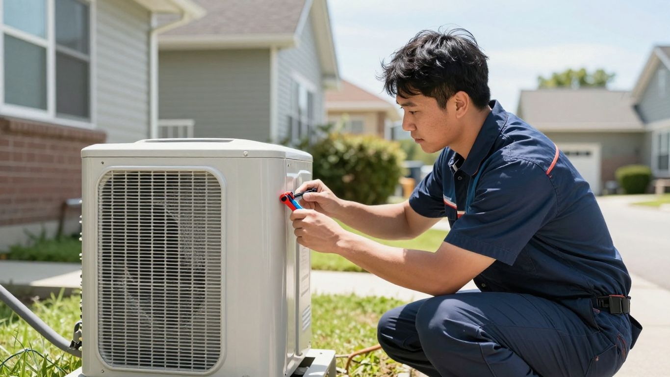 HVAC technician inspecting an AC unit at a home.