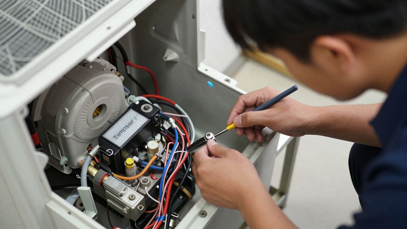 Technician servicing a Tempstar air conditioning unit.