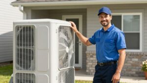 HVAC technician next to an air conditioning unit.
