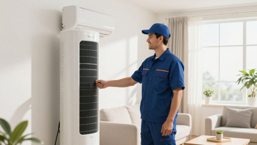 Homeowner and technician with AC unit.