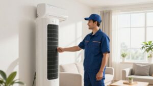 Homeowner and technician with AC unit.