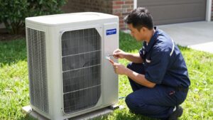 Technician repairing a Comfortmaker air conditioner unit.