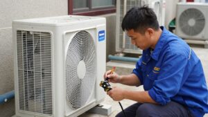 Rheem air conditioner repair technician fixing unit