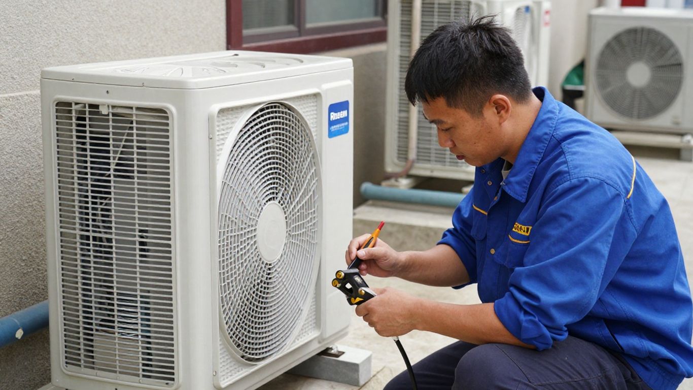 Rheem air conditioner repair technician fixing unit