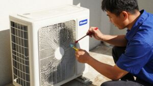 Rheem AC repair technician working on outdoor unit.