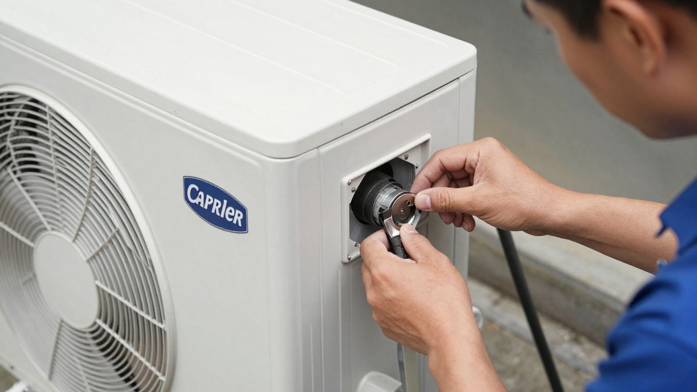 Carrier air conditioner repair technician working on outdoor unit.