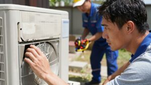 Emergency AC repair technician arriving at a home.