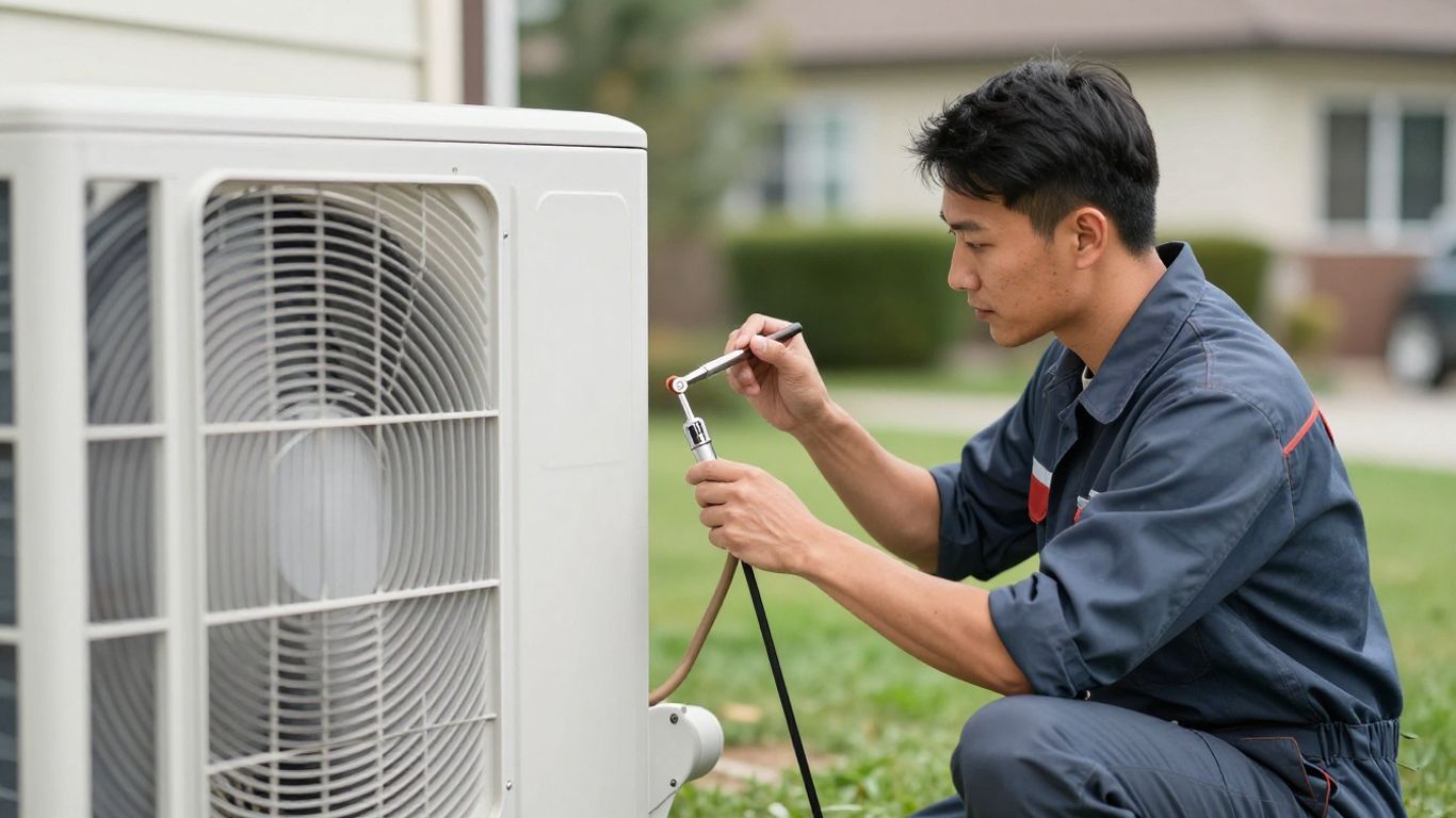 HVAC technician repairing an outdoor air conditioning unit.