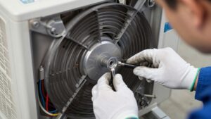 Lennox air conditioner repair technician inspecting internal components.