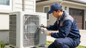 HVAC technician repairing an air conditioner outside a home.