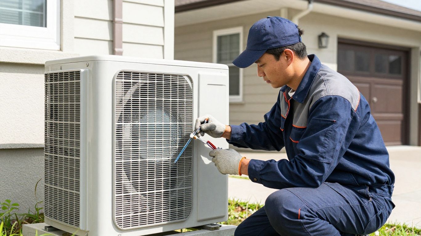 HVAC technician repairing an air conditioner outside a home.