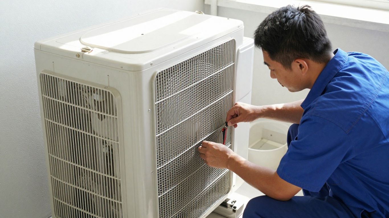 HVAC technician repairing an air conditioner in a home.