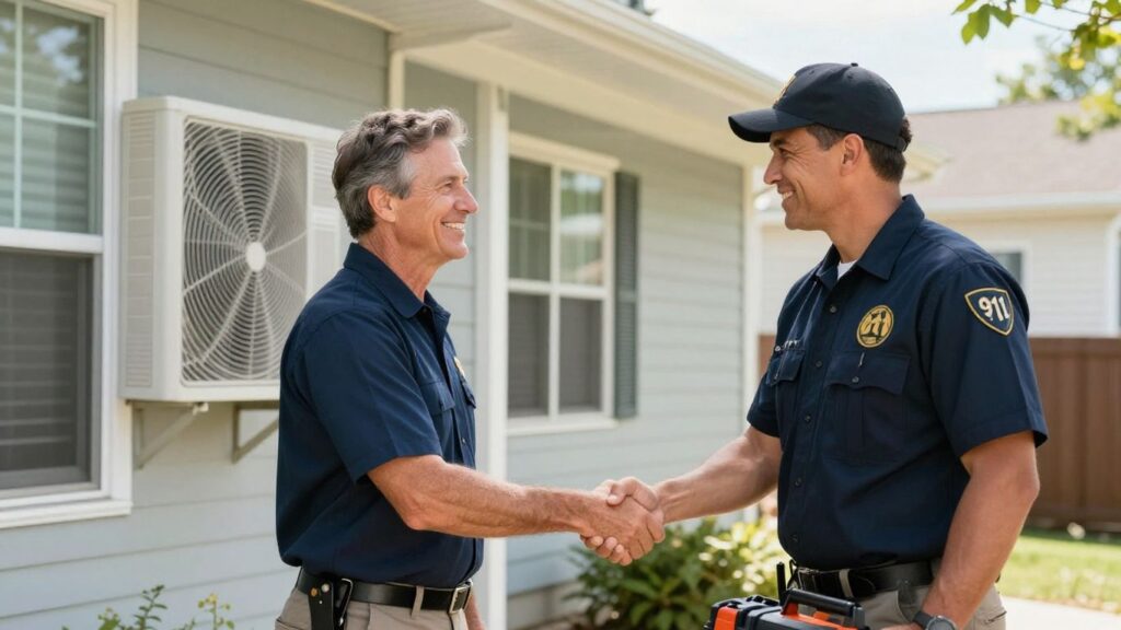 Homeowner and AC technician shaking hands.