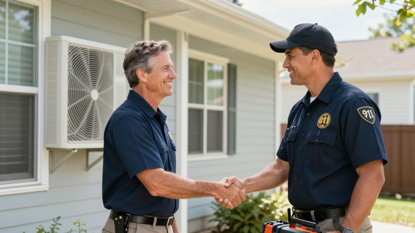 Homeowner and AC technician shaking hands.
