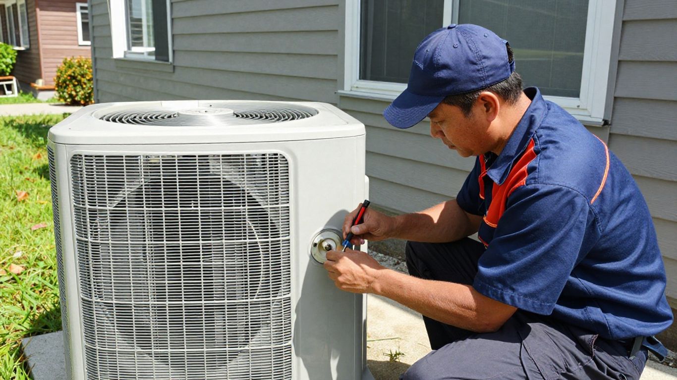 AC repair technician fixing an outdoor unit