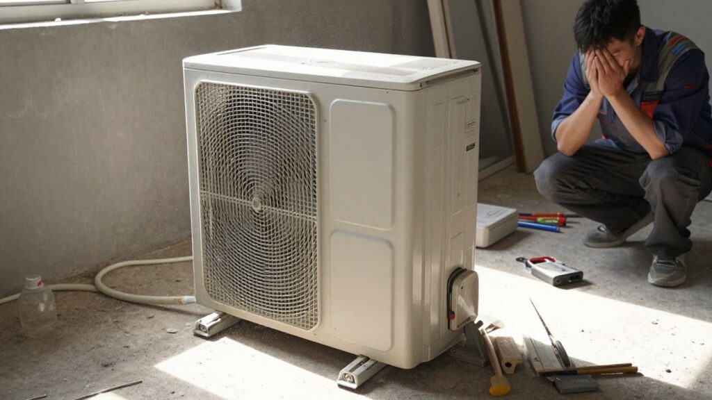 AC unit with tools and frustrated person.