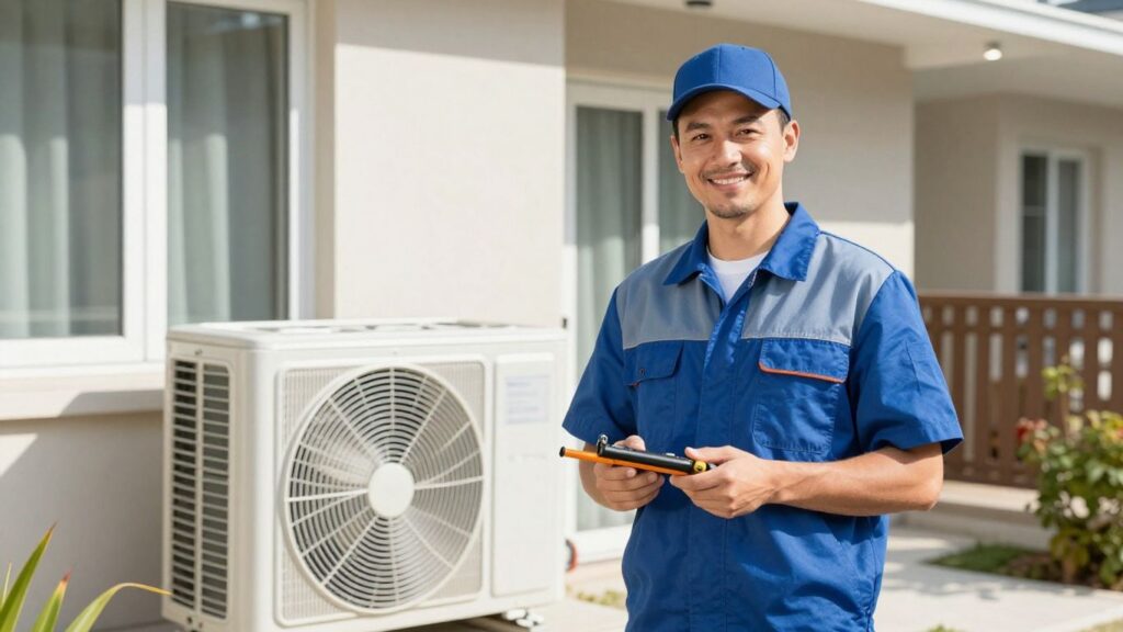 HVAC technician smiling next to an AC unit.