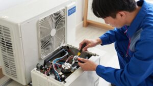HVAC technician repairing an air conditioner