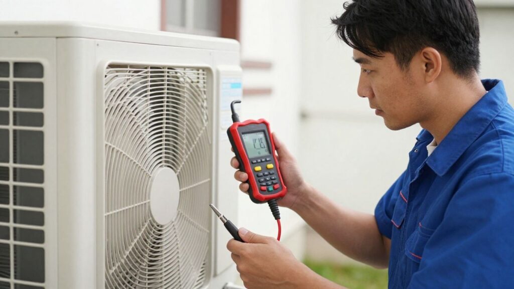 HVAC technician diagnosing an air conditioning unit with a tool.