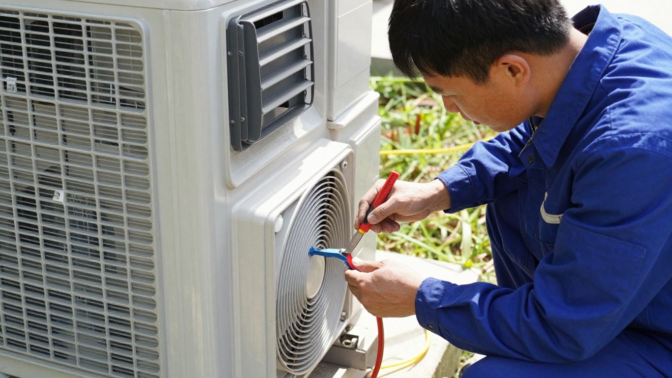 AC repair technician working on an outdoor unit.