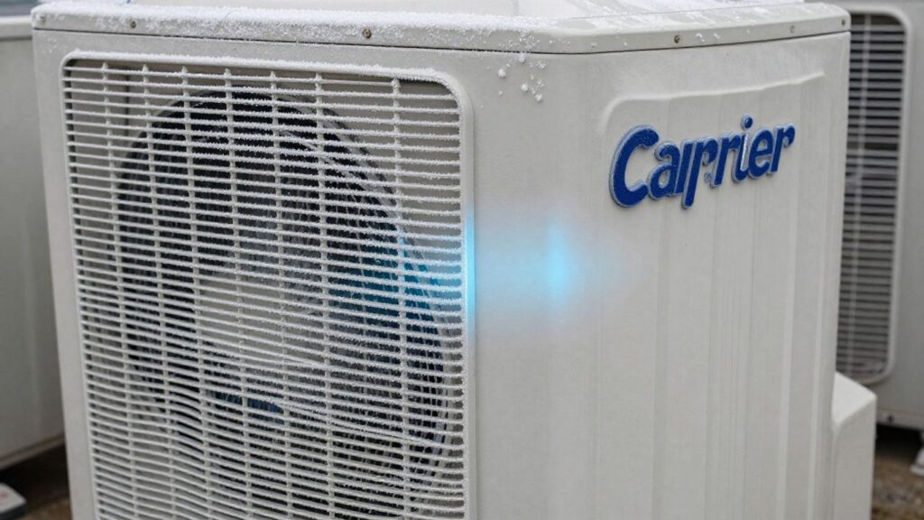 Carrier AC unit with frost on fins, indicating no cold air.
