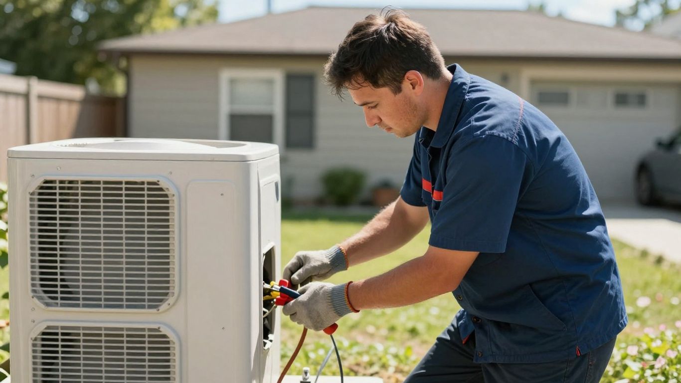 AC repair technician working on an outdoor unit.