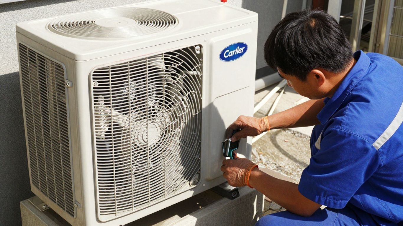 Technician repairing Carrier AC unit outdoors.