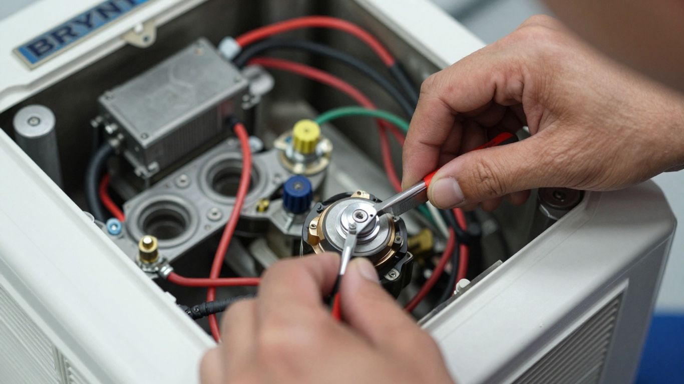 Bryant AC repair technician fixing internal unit components.